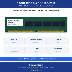 16GB DDR4-2666 RDIMM 2Rx8 ECC Sunucu RAM