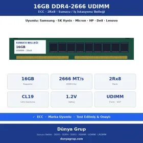 16GB DDR4-2666 UDIMM 2Rx8 ECC Sunucu RAM