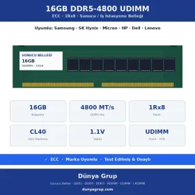 16GB DDR5-4800 UDIMM 1Rx8 ECC Sunucu RAM