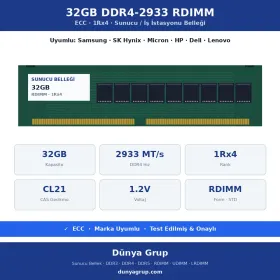 32GB DDR4-2933 RDIMM 1Rx4 ECC Sunucu RAM