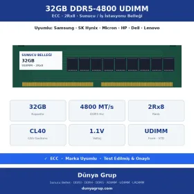 32GB DDR5-4800 UDIMM 2Rx8 ECC Sunucu RAM