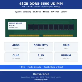 48GB DDR5-5600 UDIMM 2Rx8 ECC Sunucu RAM
