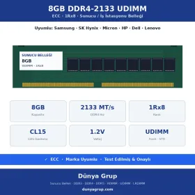 8GB DDR4-2133 UDIMM 1Rx8 ECC Sunucu RAM